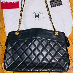 Authentic Chanel Black lambskin quilted chain tote